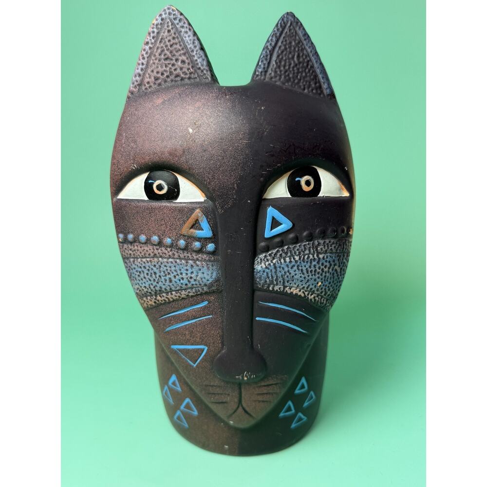 Vintage Laurel Burch Penco Label Artsy Art Pottery Cat Planter Folk Ethnic Mask